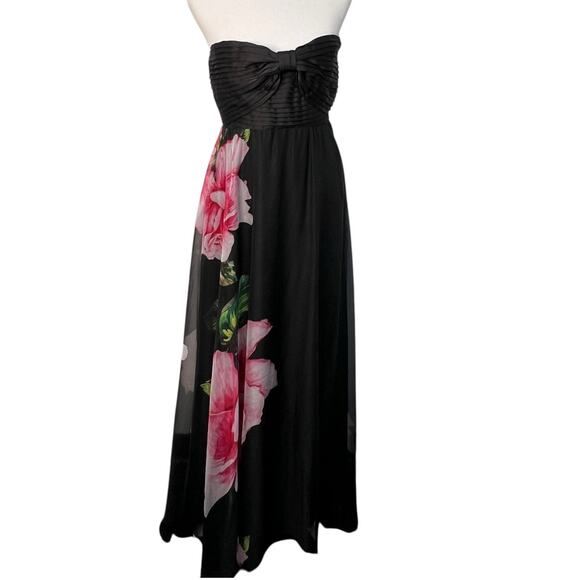 One33 Social Chiffon Strapless Gown Black Floral Pleated Maxi Bow Dress Size 2 - Picture 2 of 16